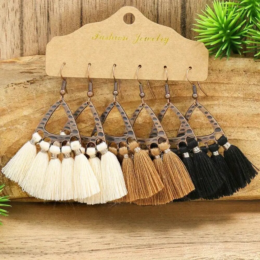 NEW 3 pair BOHO tassel bronze triangle earrings, tassel earrings, retro jewelry